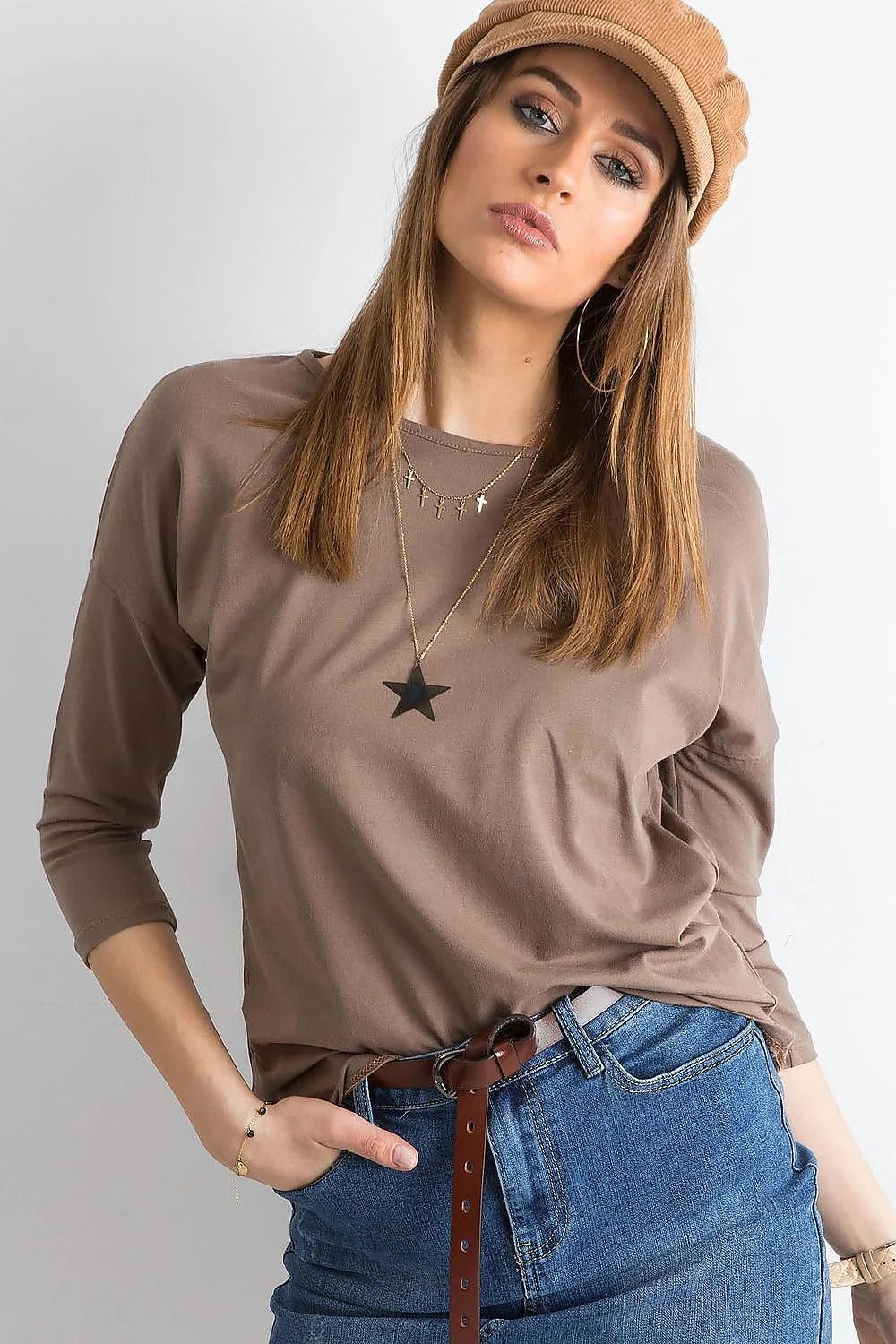 Chemisier femme coton élasthanne style décontracté gris clair manches trois-quarts col rond ample confortable