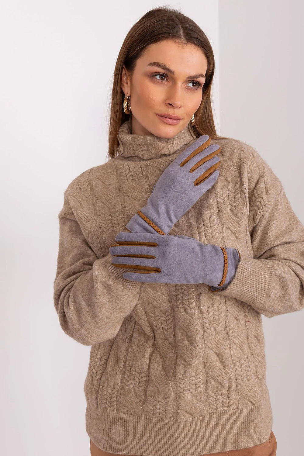 Gants élégants pour femme en suédine grise avec détails en cuir et tresse au poignet hiver mode