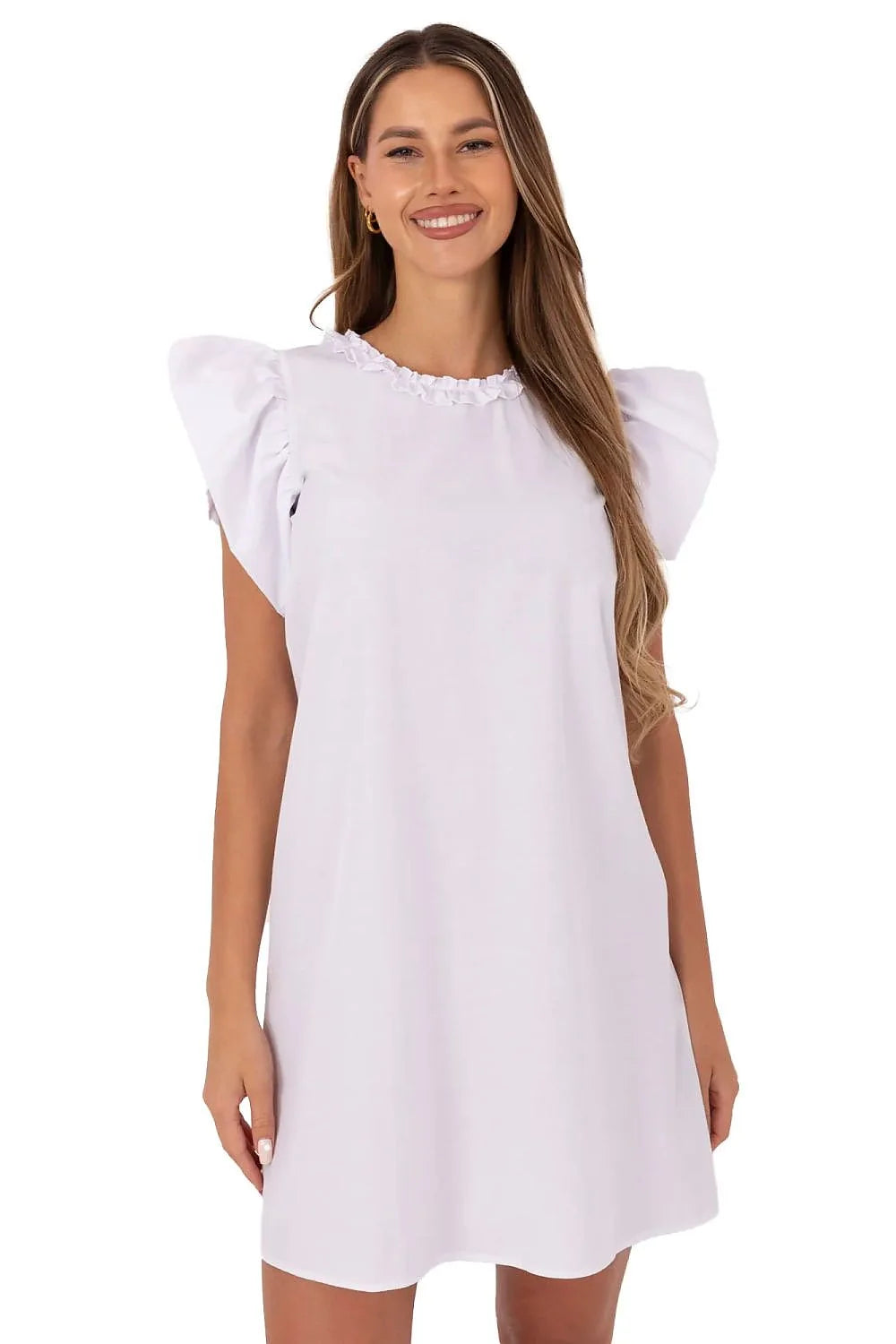 Robe féminine élégante évasée manches courtes volants encolure ronde coton blanc genoux femmes polyvalente