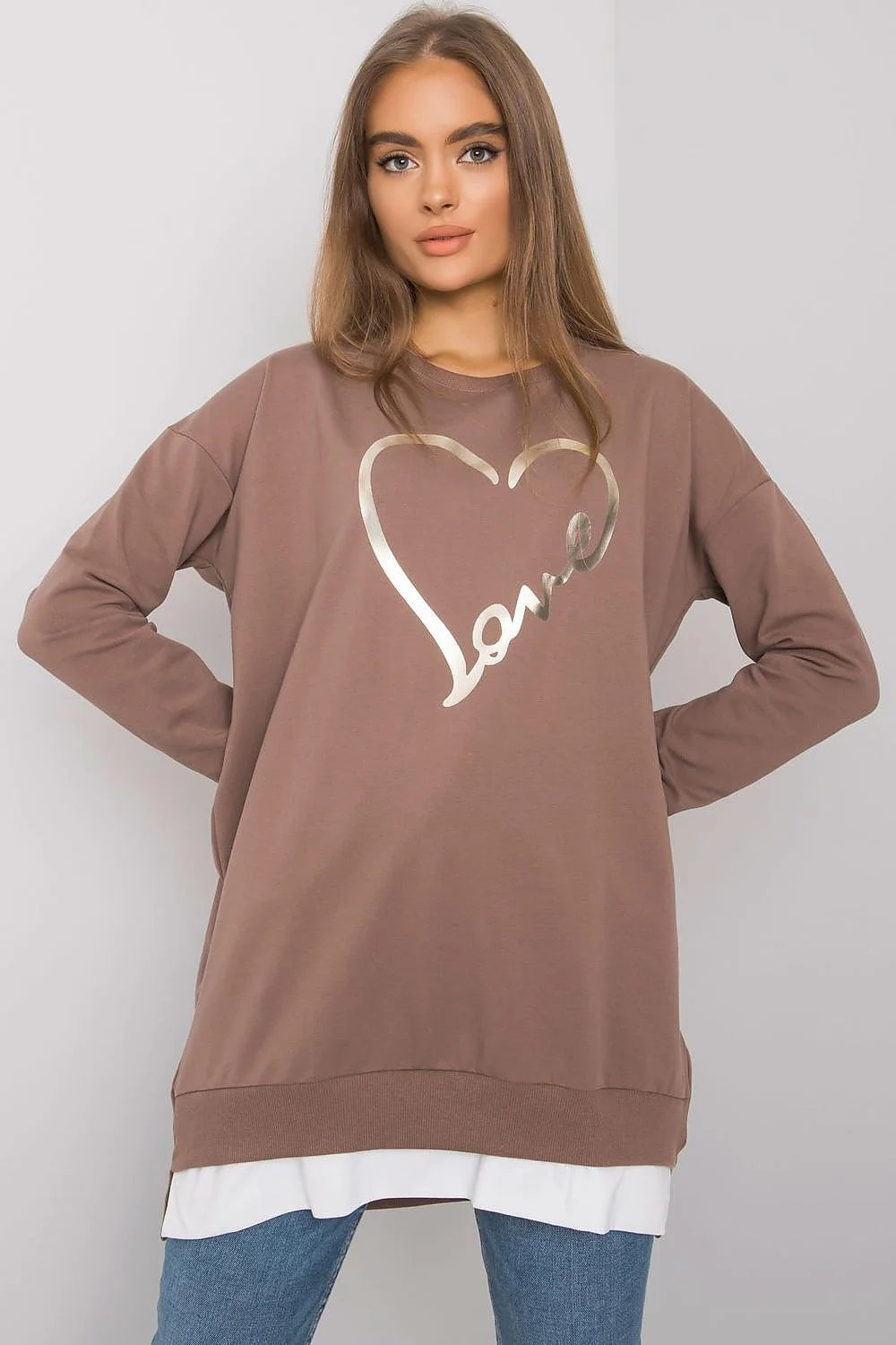 Sweatshirt femme design cœur love doré beige rosé coton polyester manches longues encolure ronde coupe ample