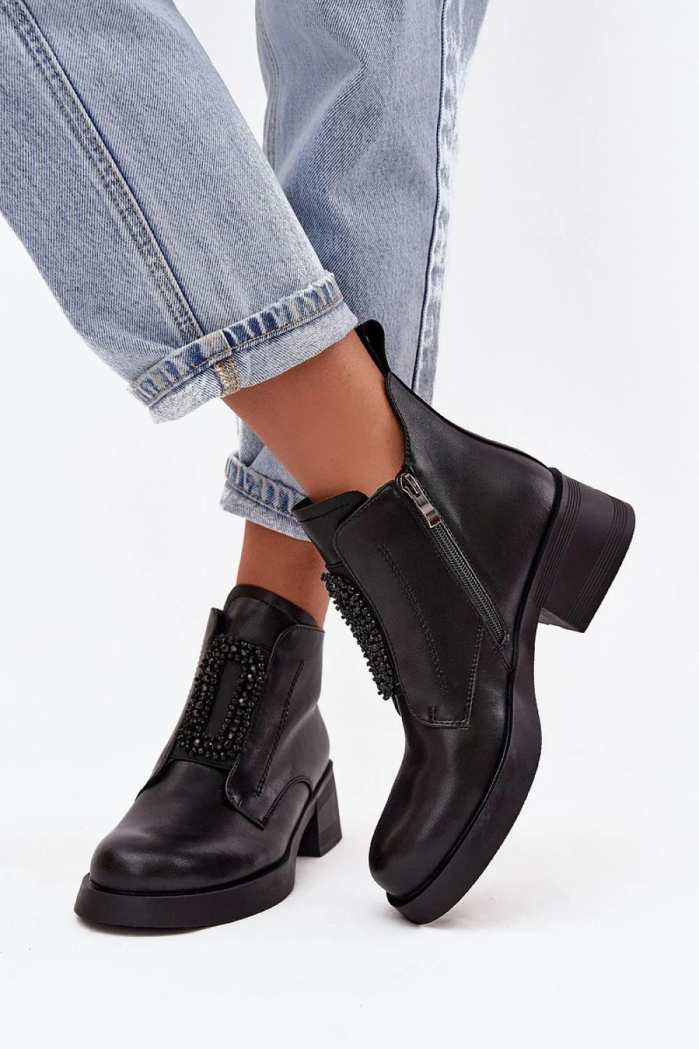 bottines femme cuir naturel noir lisse rond tige basse talon bloc 5cm semelle plateforme perles zip latéral doublure chaude élégantes