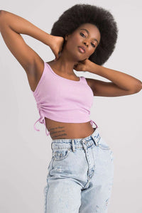 ensemble mode femme haut crop top côtelé lilas pantalon jean taille haute délavé ajustable fronces cordons