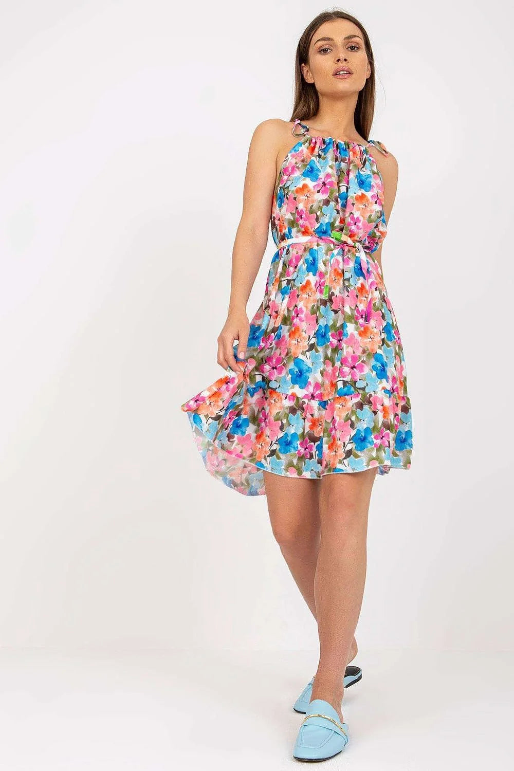 Robe de jour Rue Paris imprimé floral été épaules fines lacets taille nouée volants jupe évasée genoux court polyester femme