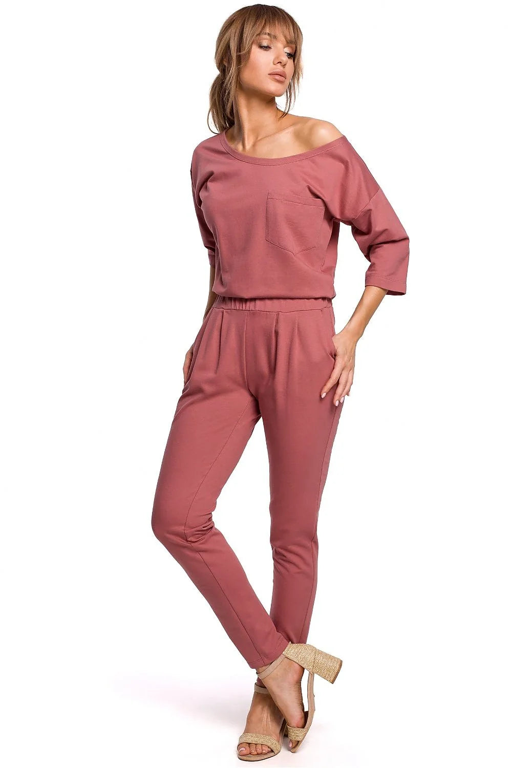 combinaison femme coton jersey gris clair décontractée chic élégante taille élastique manches trois quart épaule asymétrique poches latérales