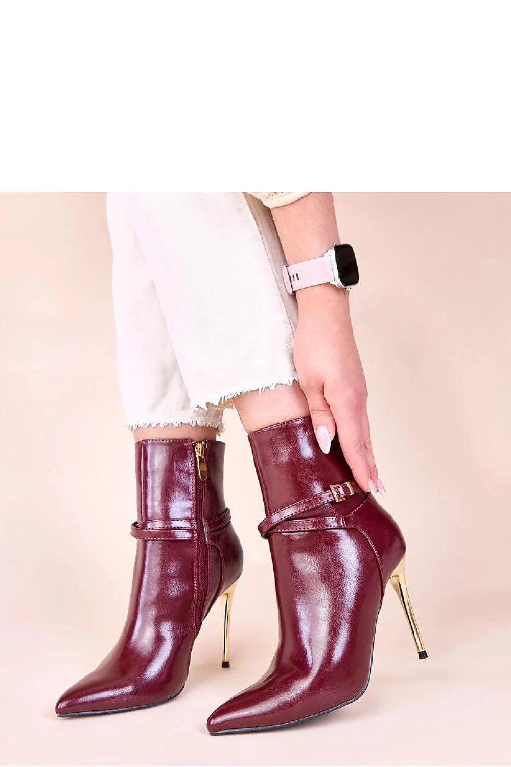 bottines bordeaux cuir brillant talon doré stiletto métal 10cm bout pointu cheville bride boucle dorée fermeture éclair latérale élégantes