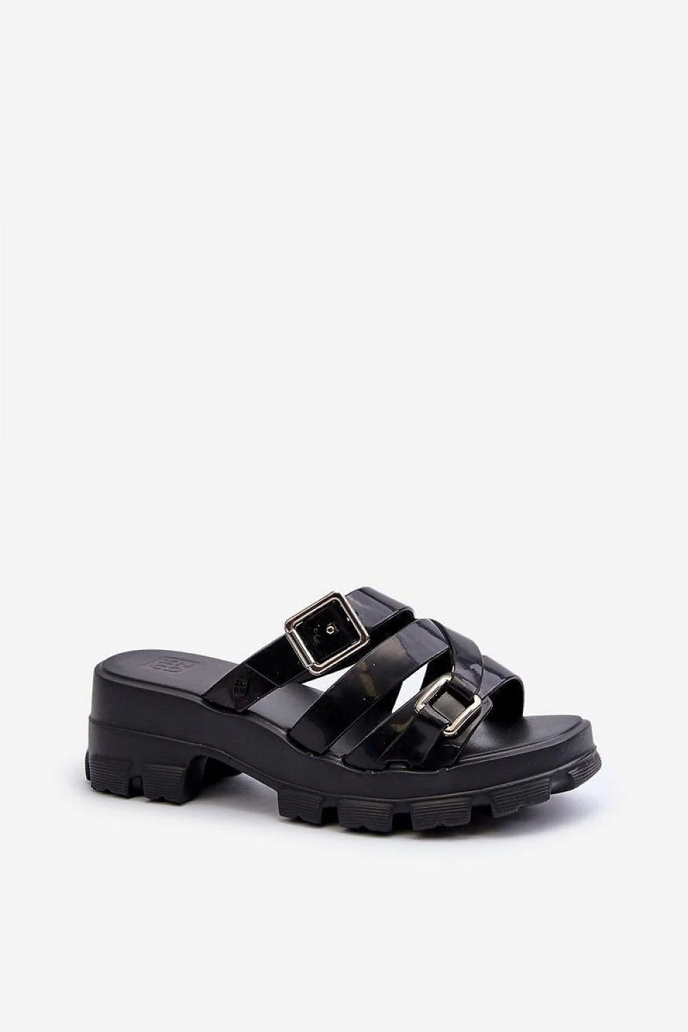 sandales urbaines modernes plateforme chunky noires bout ouvert semelle crantée brides larges verni boucles réglables talon6cm plateforme35mm confortable vegan recyclables