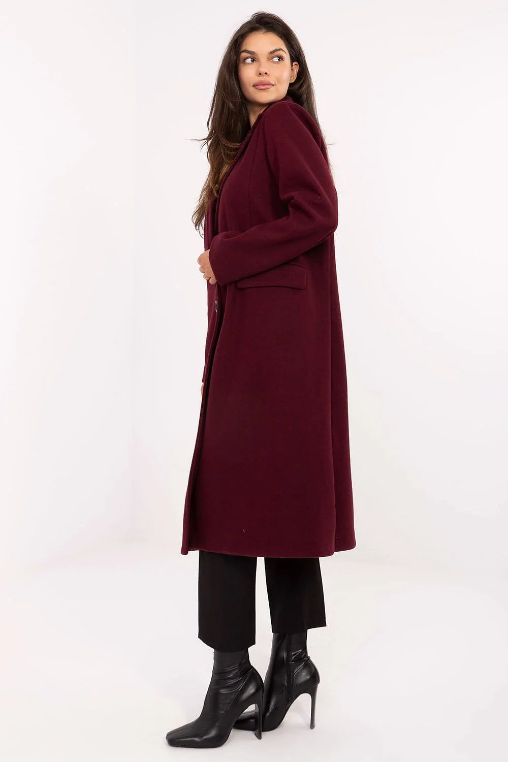 manteau long femme bordeaux coupe droite col tailleur revers boutonnage deux boutons poches rabat manches longues polyester doublé