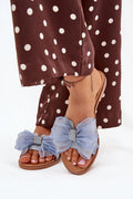 Sandales pour femmes style estival tissu textile nœud tulle talon plat beige clair bleu pastel