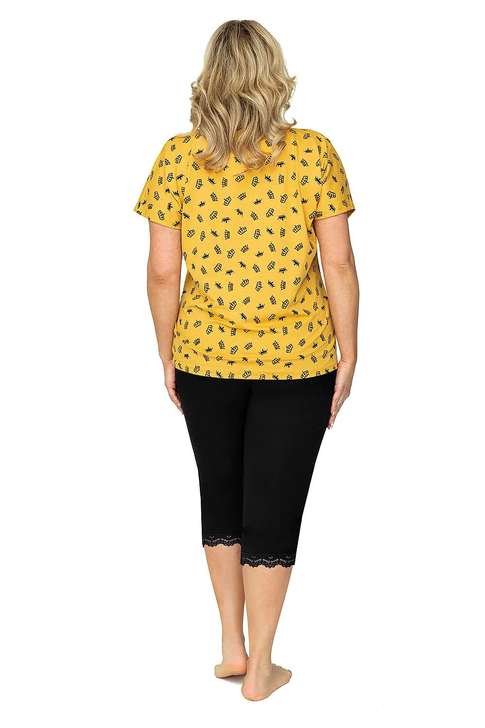 Pyjama femme viscose chic décontracté jaune noir dentelle manches courtes pantacourt confort maison