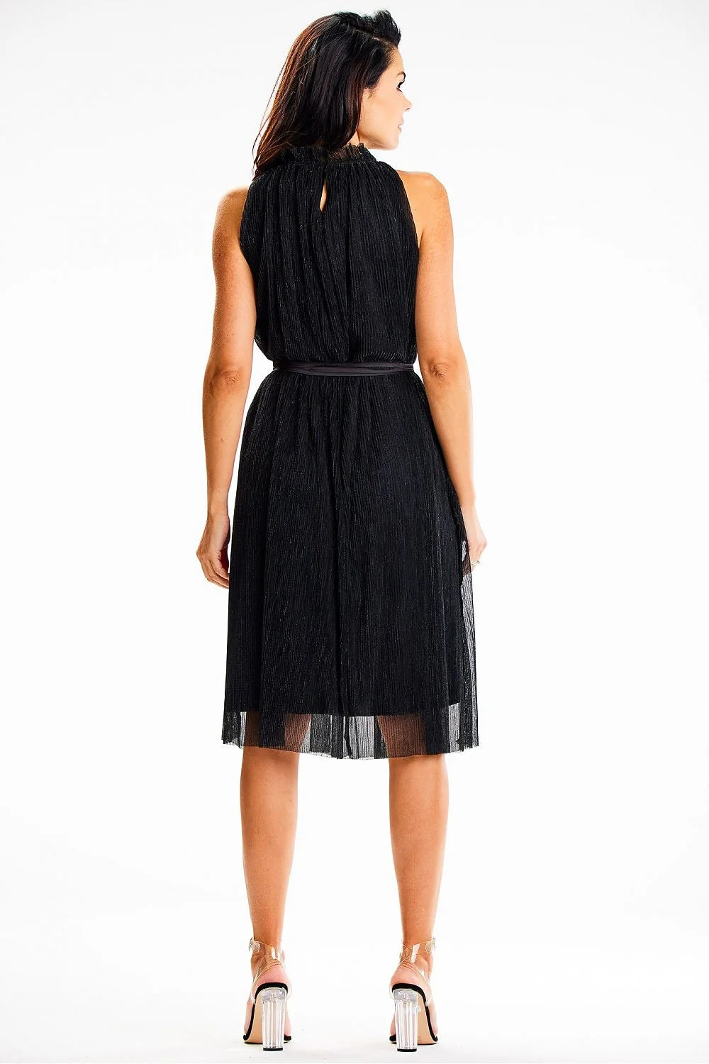 robe soirée midi plissée légère col montant licou ceinture satin fine maille brillante doublure voile semi transparent évasée noire élégante