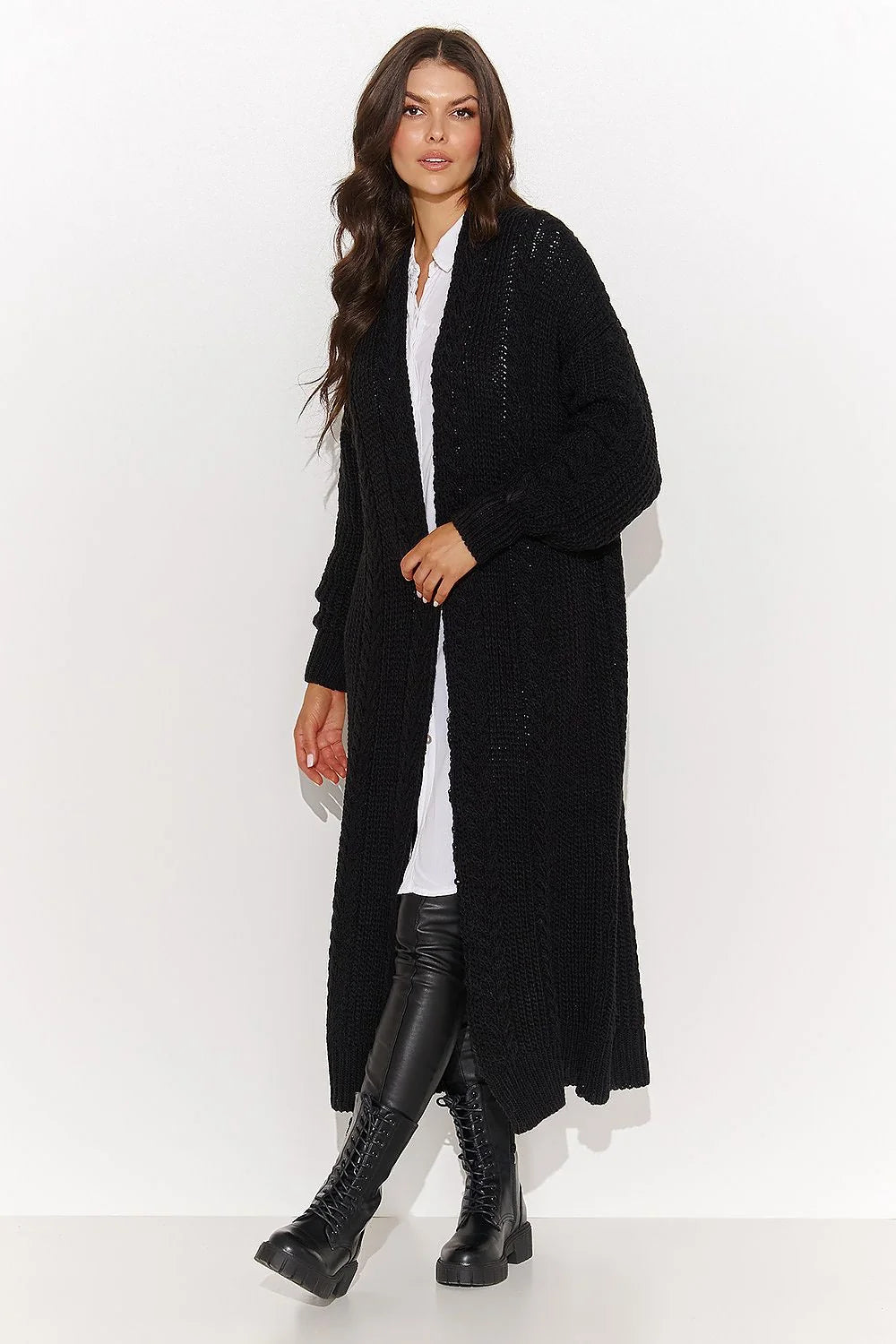 Cardigan pour femme long ouvert en maille épaisse manches longues en coton noir élégant