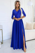 Robe de soirée élégante longue manches 3/4 dentelle bleu marine fente haute taille ajustable femme
