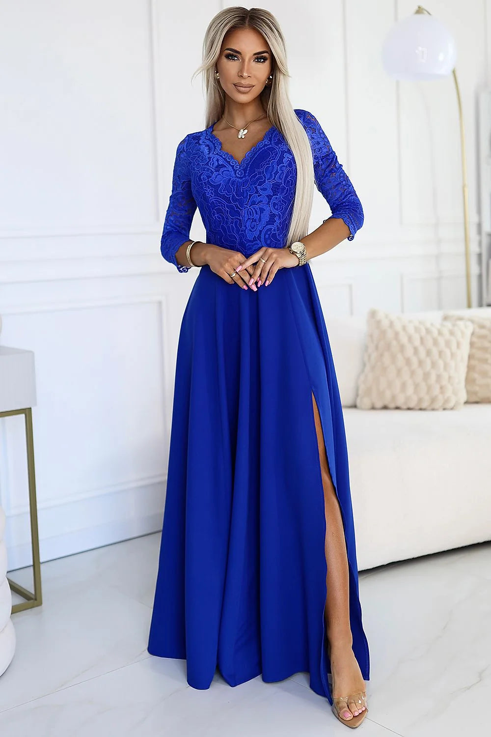 Robe de soirée élégante longue manches 3/4 dentelle bleu marine fente haute taille ajustable femme