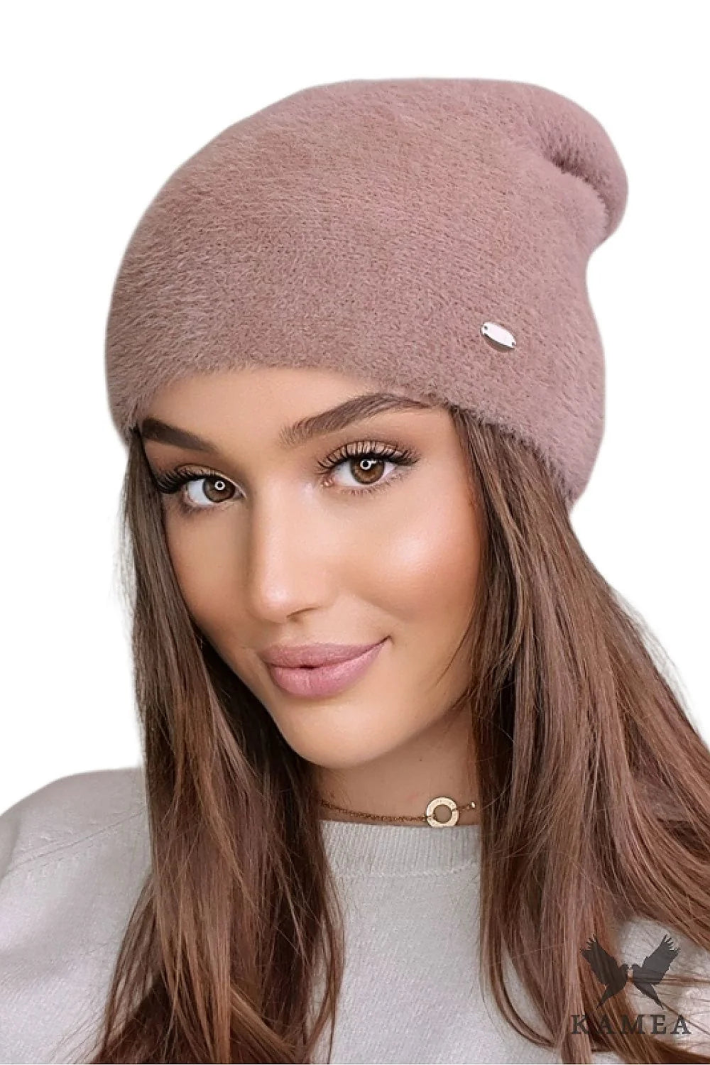 Bonnet d'hiver pour femme en taupe style slouchy en laine et fibres synthétiques avec logo métallique