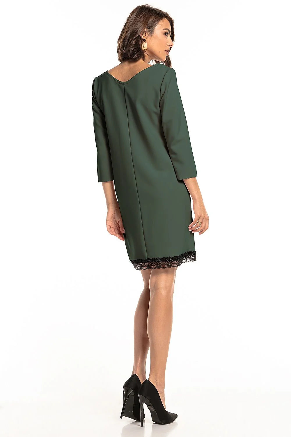 Robe élégante en polyester vert foncé avec dentelle noire manches trois-quarts encolure V sophistiquée
