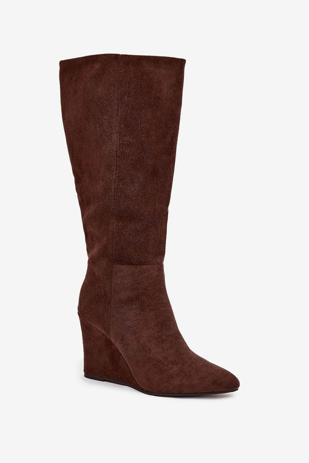 bottes cuissardes femme suédine écologique marron foncé talon compensé bout amande tige genou fermeture éclair latérale doublure fourrure synthétique confort