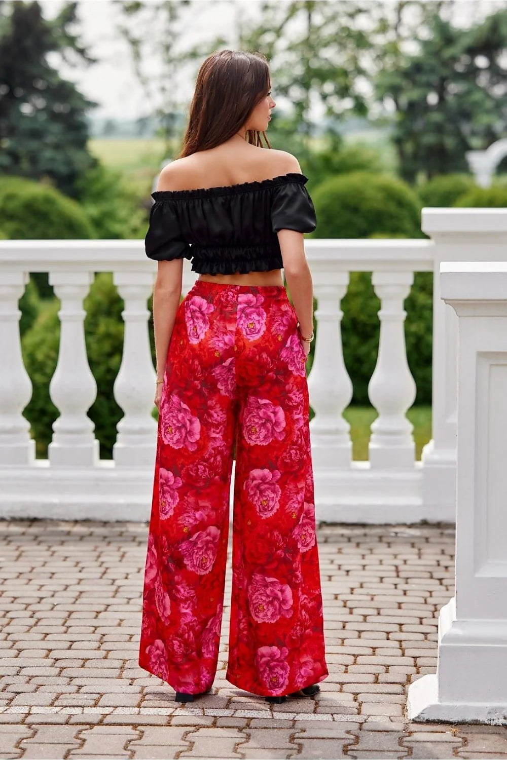 Pantalon Capri femme taille haute large évasé ceinture élastique poches latérales tissu à motifs femme été