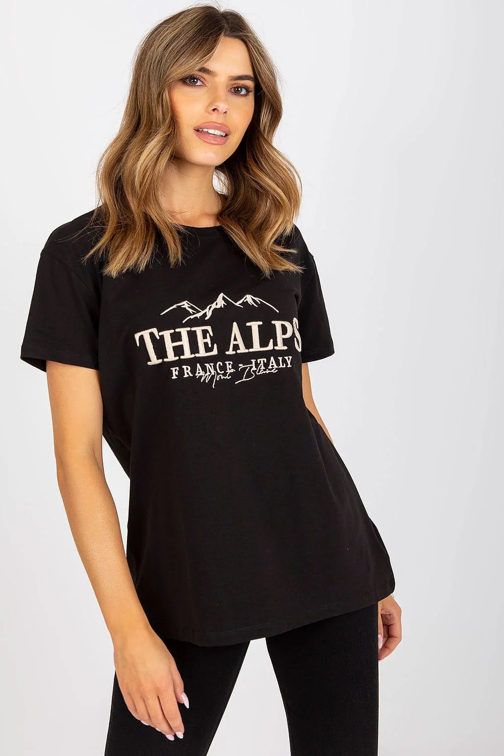 T-shirt Fancy pour femme vert profond imprimé THE ALPS France Italy montagnes graphique manches courtes col rond coton élasthanne