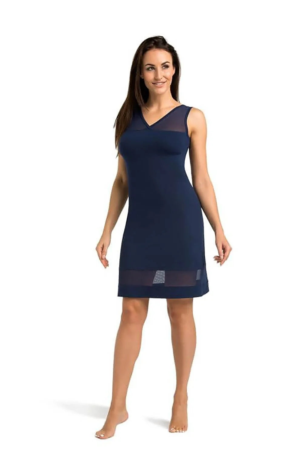 Chemise de nuit élégante pour femme en viscose bleu marine sans manches col V dos nu transparent maille A-line taille ajustable