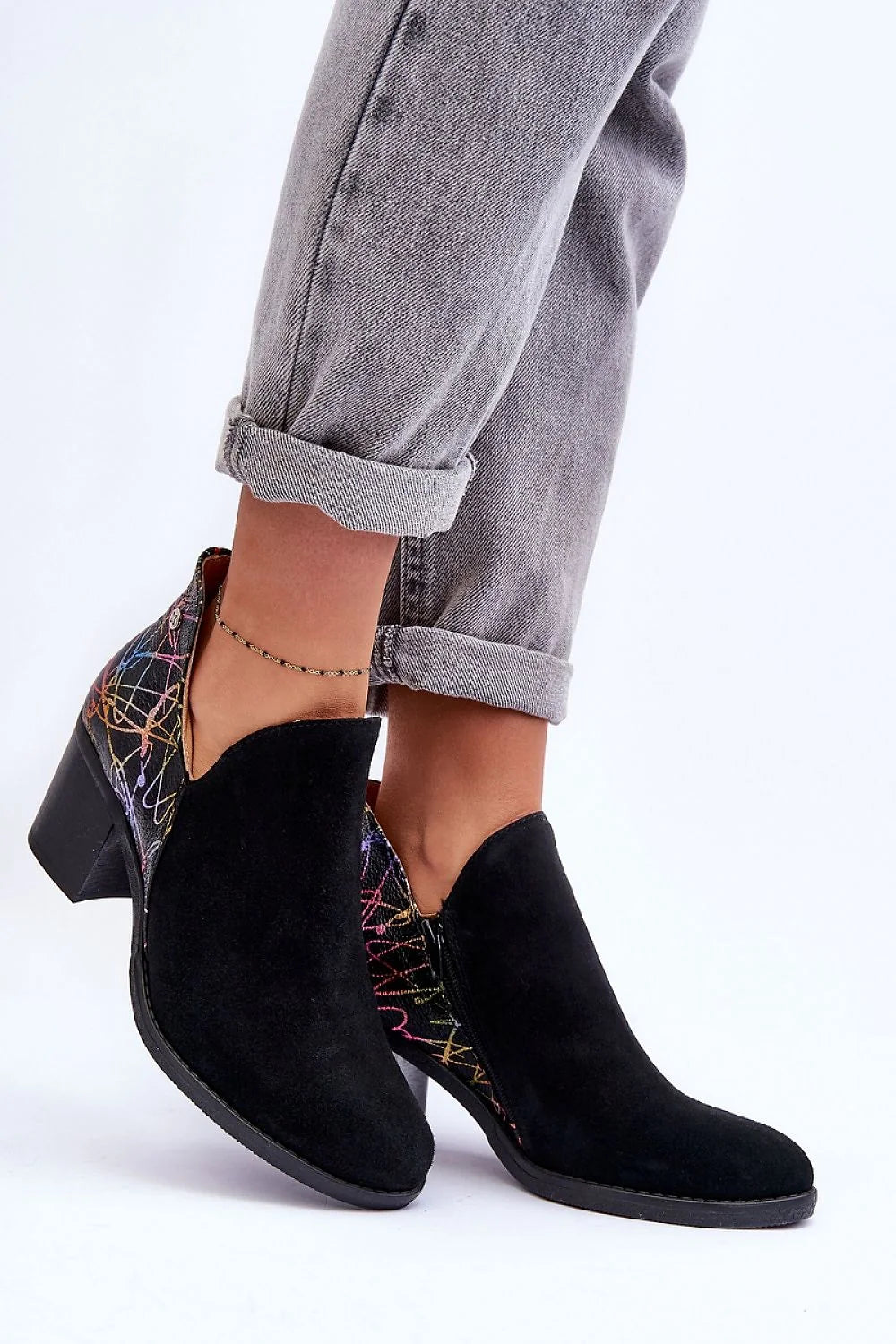Bottes à talons carrés Step in style cuir nubuck noir motif coloré hauteur 10 cm confortable femmes
