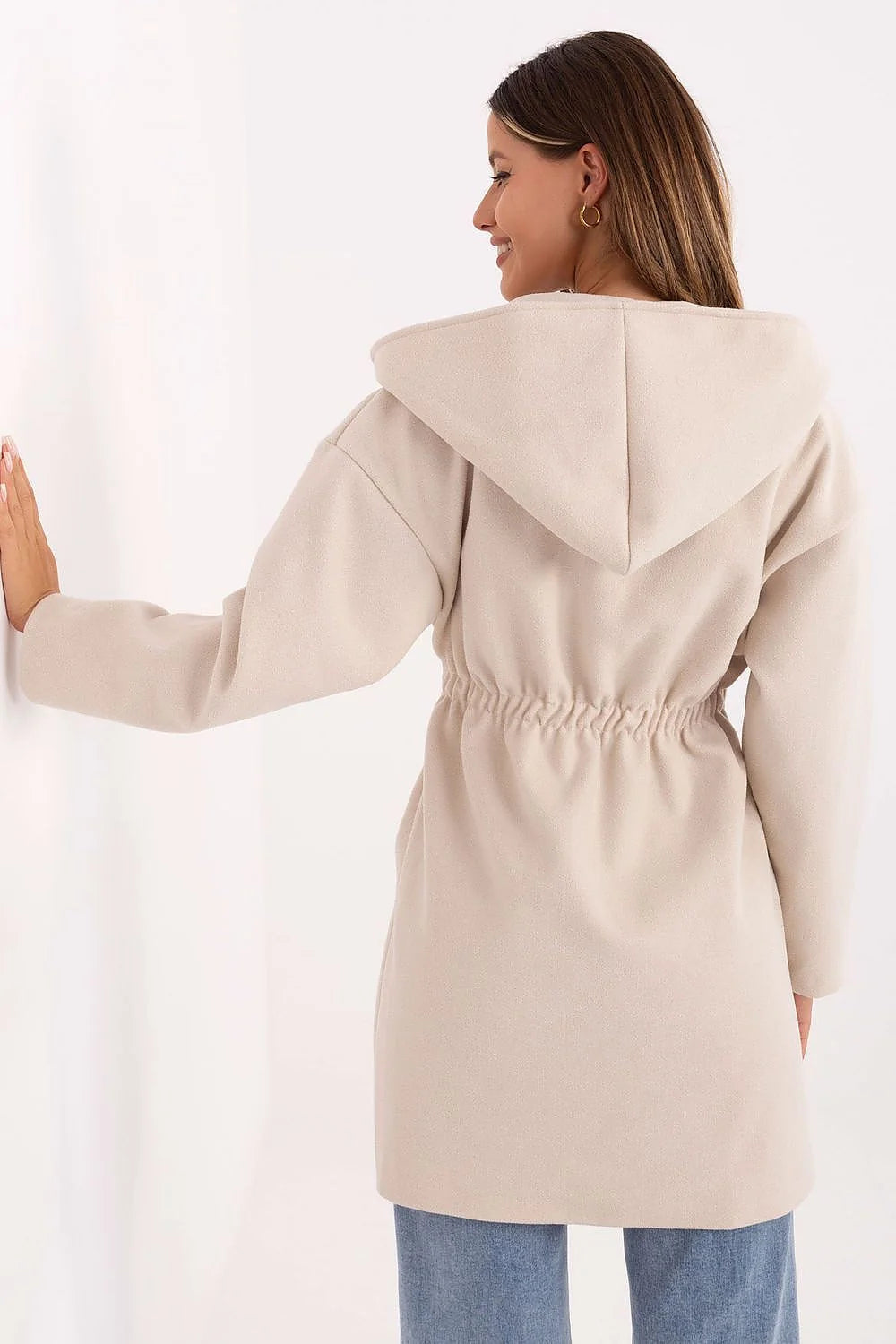 manteau femme mi long écru polyester lainée oversize col châle ceinture nouée bouton poches latérales manches longues finition structurée chic