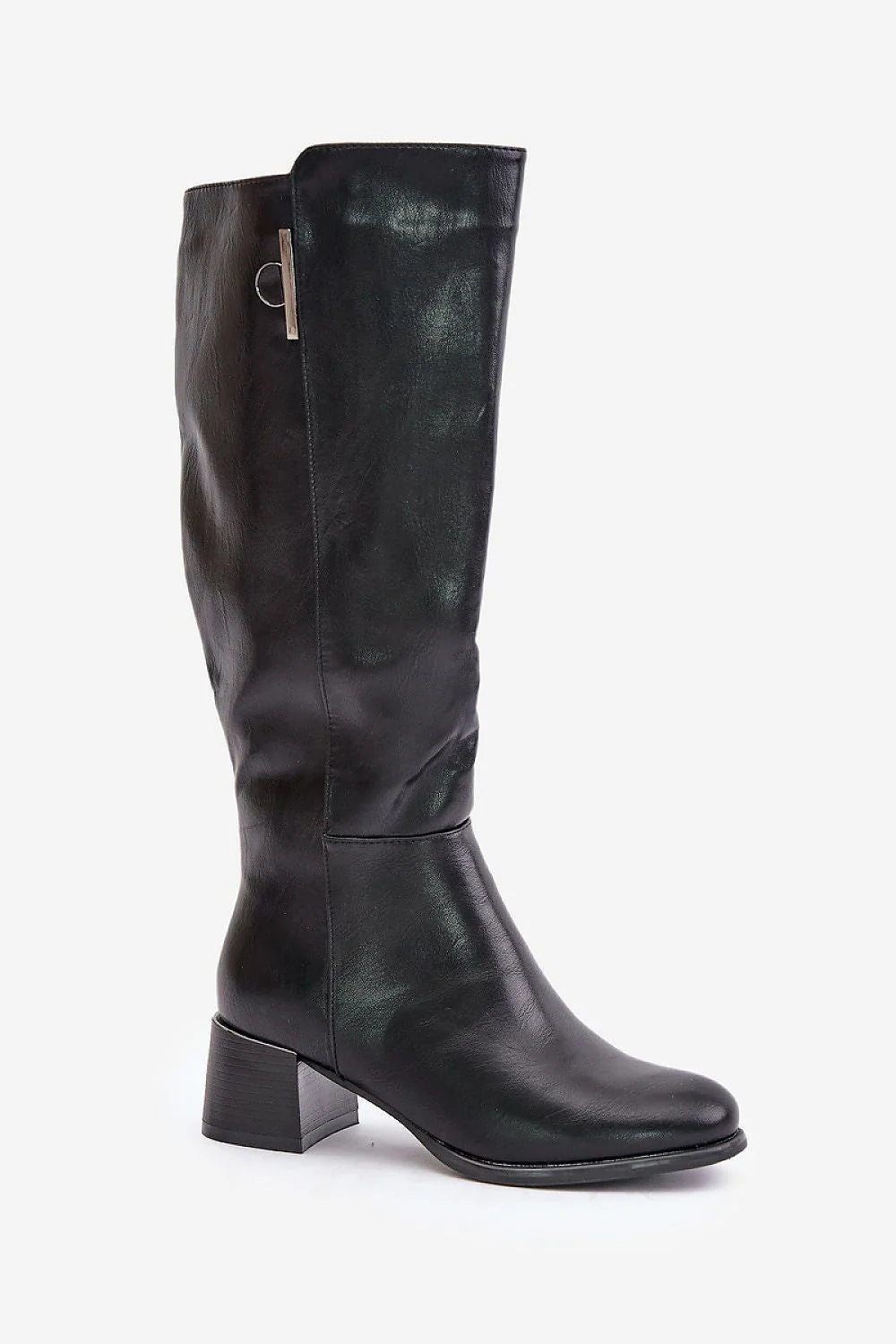Bottes montantes à talon carré élégantes en cuir artificiel noir longueur genou fermure éclair femmes
