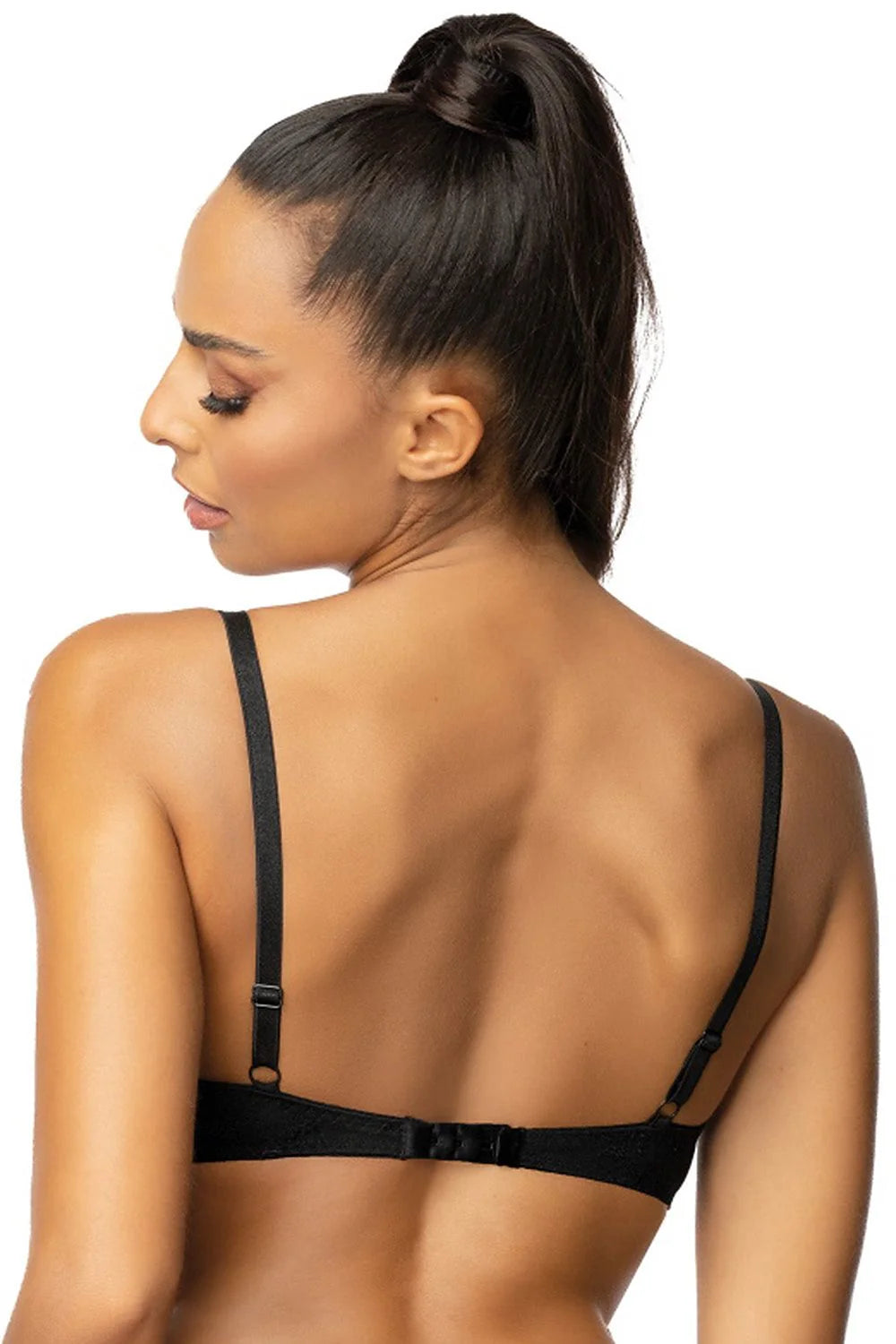 Soutien-gorge push-up élégant en noir avec motifs floraux tissu tricoté lisse doublure coton inserts grossissants amovibles bretelles ajustables fermeture auto-agrippante double boutonnage femme
