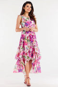 Robe asymétrique longue sans manches motif floral audacieux en mousseline élastique taille ajustable femme