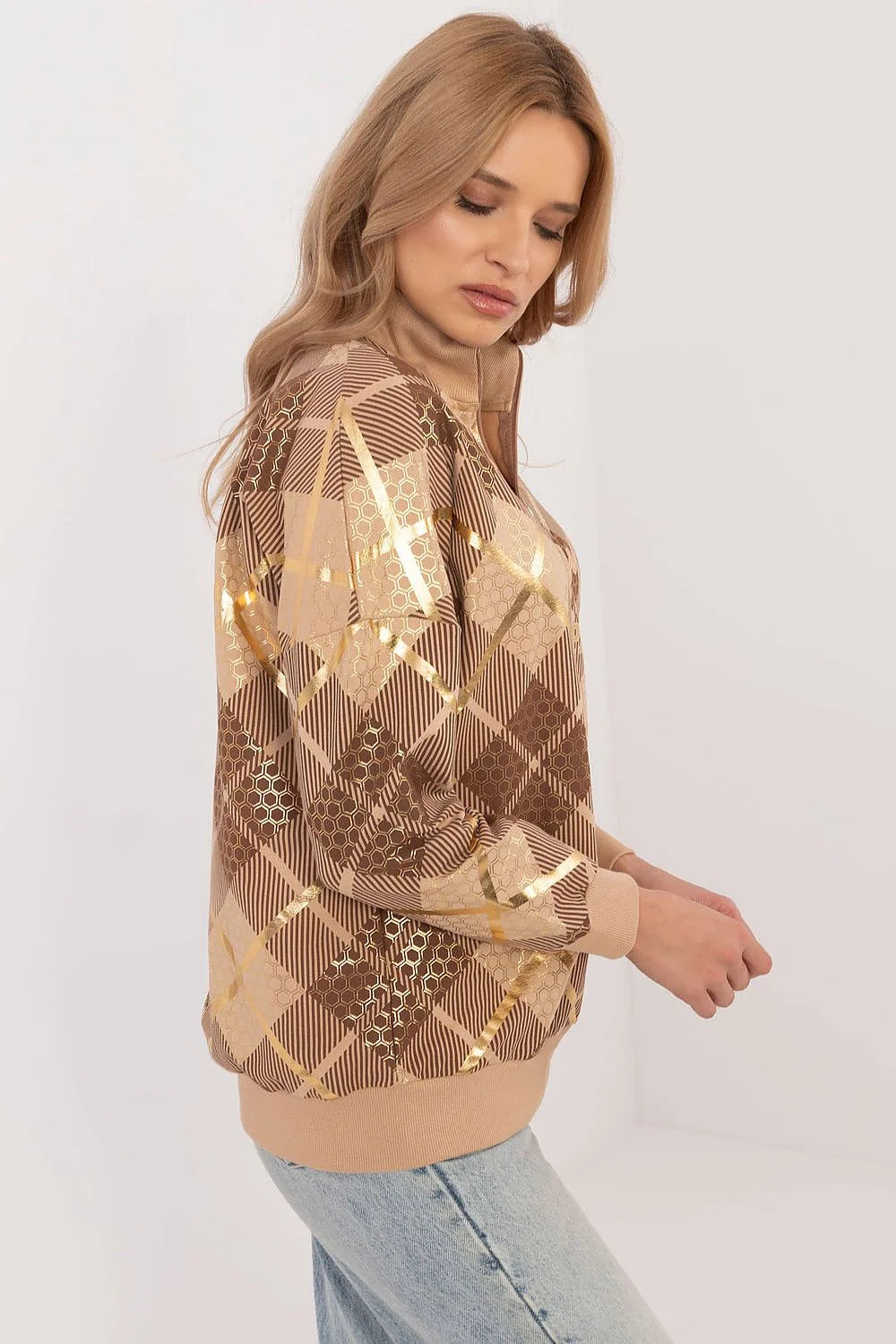 Pullover femme demi-zip motif tartan doré coton polyester longue durée style moderne