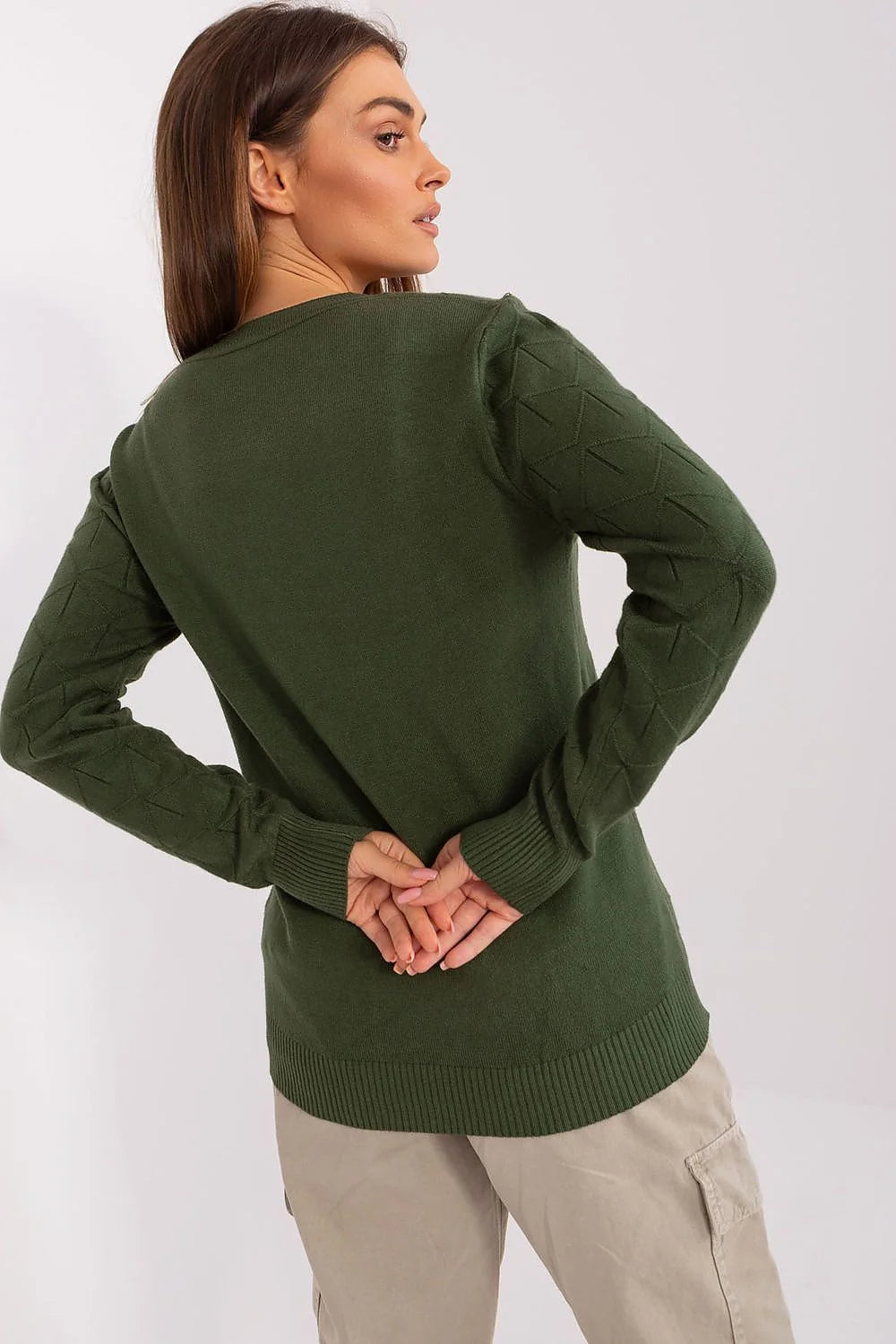 Chandail pour femme texturé motif géométrique couleur verte profonde manches longues col rond tricot doux confortable automne hiver