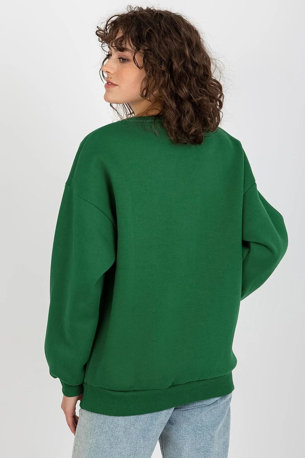 sweatshirt oversize femme col rond molletonné vert sapin ample épaules tombantes bords côtes poignets ourlet manches longues bouffantes broderie poitrine