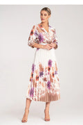robe midi satin floral ivoire plissée cachecoeur décolleté manches troisquarts bouffantes ceinture élastique taille marquée coupe portefeuille soyeuse