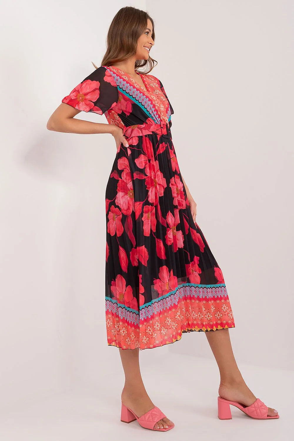 Robe de jour Italy Moda en tissu floral vibrant manches courtes ceinture ajustable femme