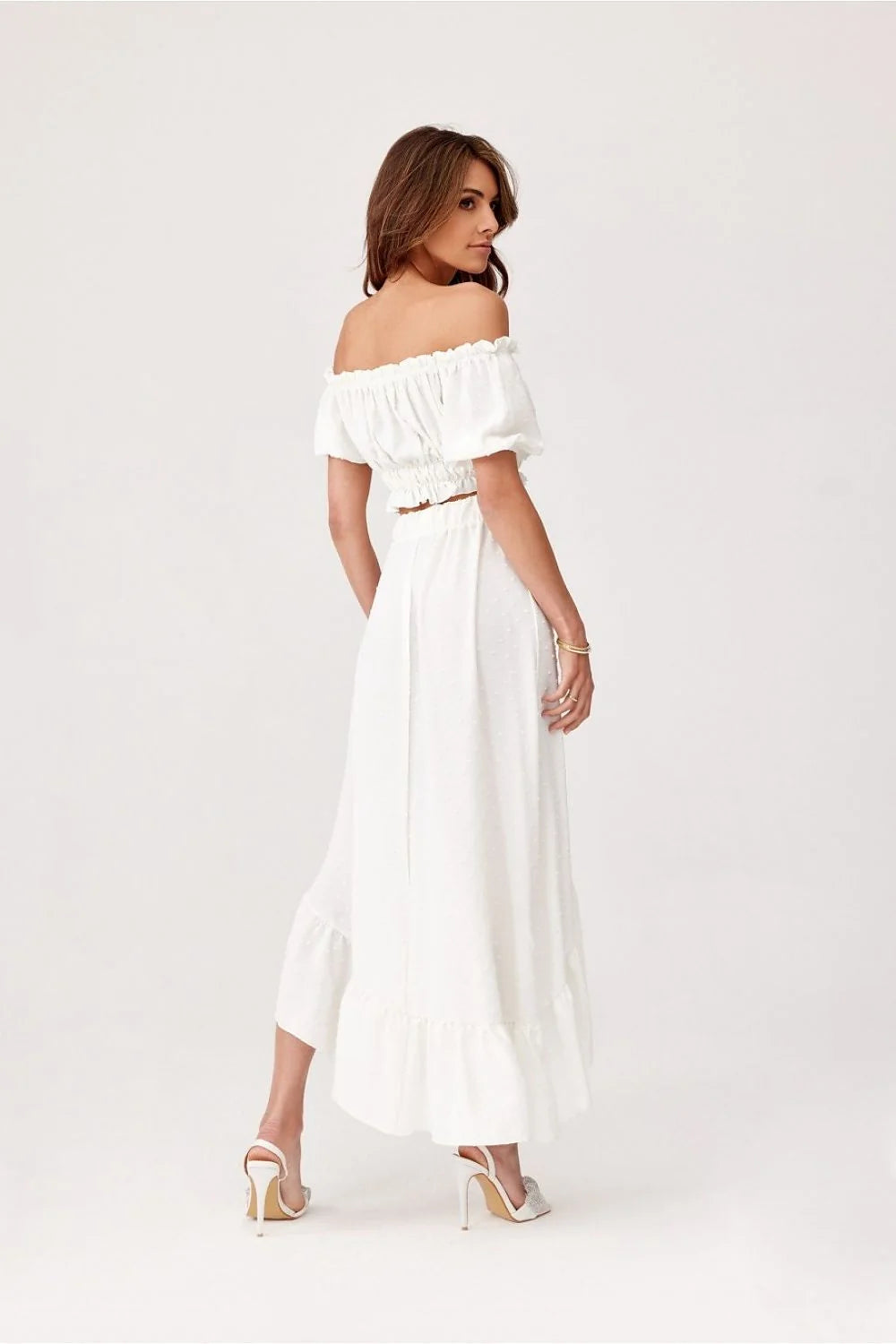 Ensemble fashion femme crop top épaules ouvertes volants asymétrique jupe longue summer coton blanc élégant romantique