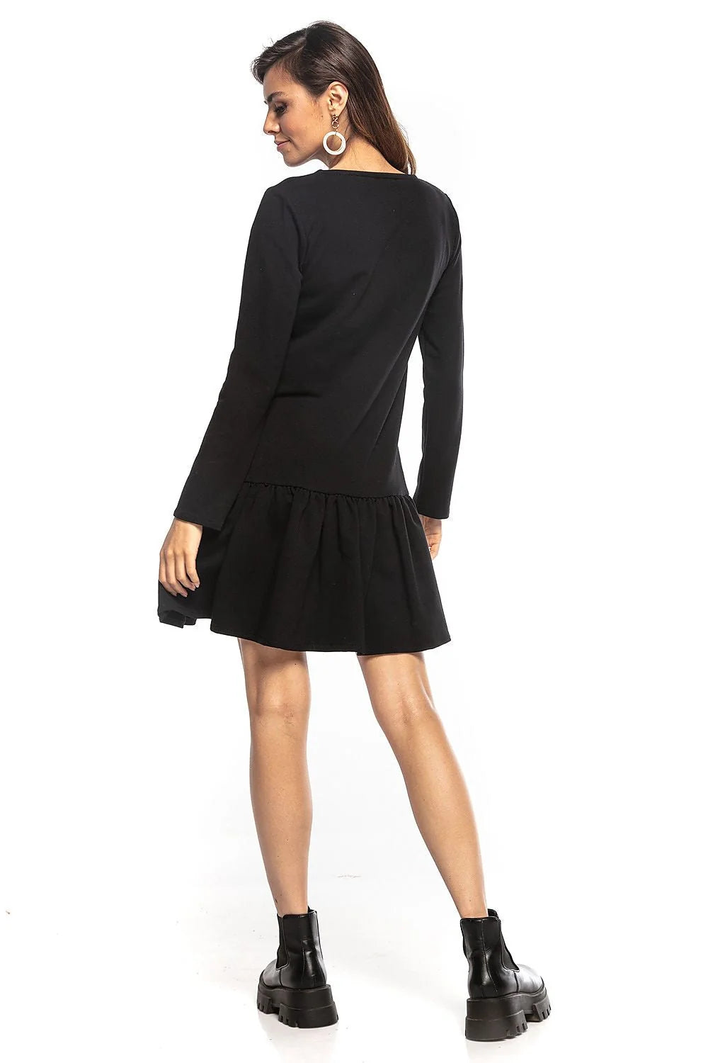 robe Tessita jersey extensible kaki olive courte manches longues encolure V coupe droite évasée volant froncé ourlet confortable quotidien chic