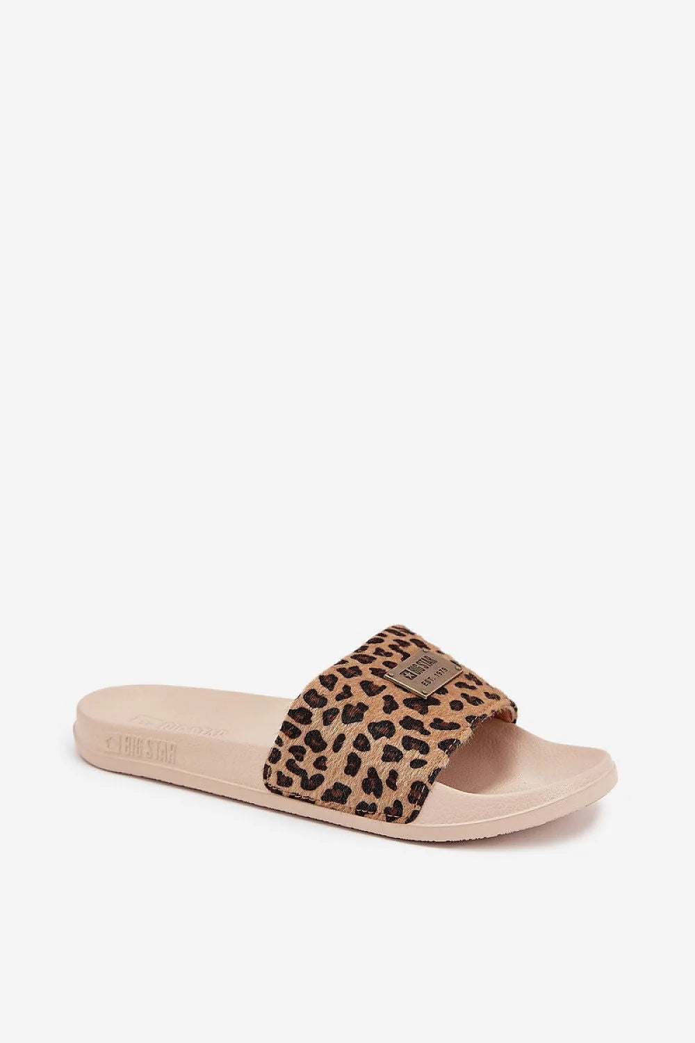big star mules sandales slides femme fourrure synthétique léopard bride large bords effilochés plaque métal logo semelle rembourrée