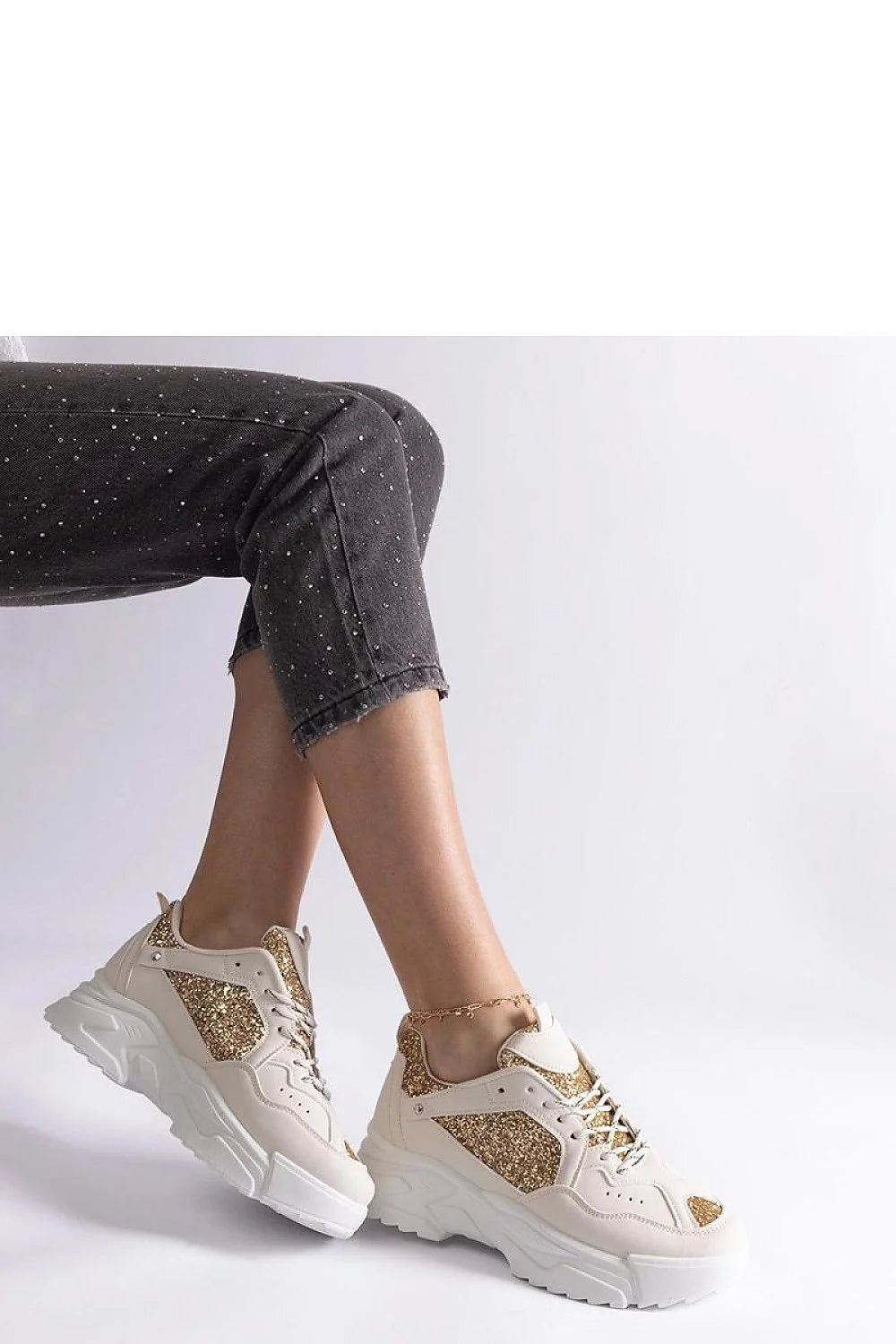 Baskets femmes style chunky cuir synthétique paillettes dorées semelle épaisse tendance mode 2023 confort