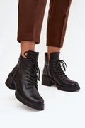 bottines femme noires simili cuir talon bloc semelle plateforme lacets zip intérieur embossé feuille latérale doublure douce confort