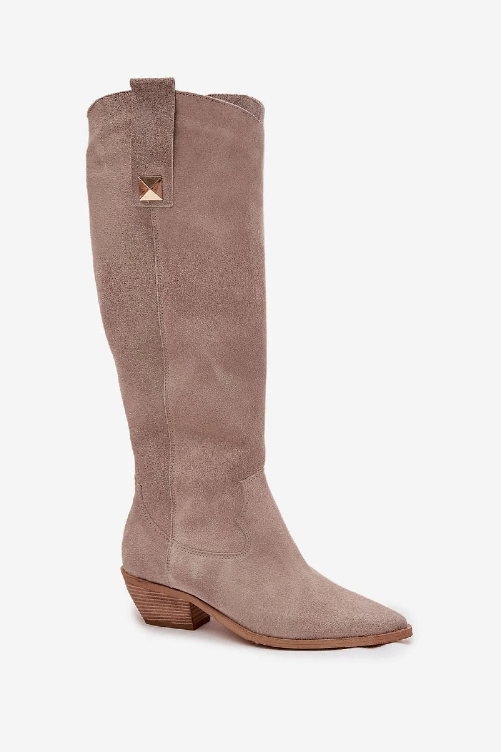 bottes cowgirl suédine daim taupe hautes genou fermeture éclair doublure feutre talon bloc bas pointu bride clou pyramidal doré