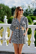 Ensemble coordonné haut et short Roco Fashion style tribale géométrique nœud buste manches 3/4 noir blanc femme été