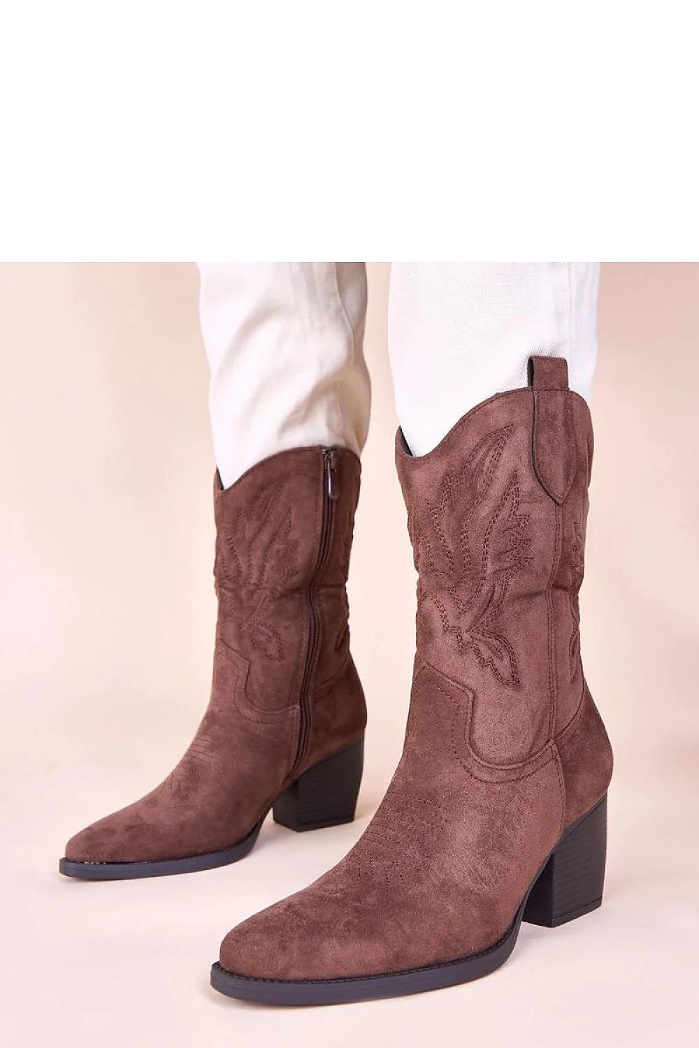 Gemre Cassa bottines marron daim suédé broderie décorative western mi mollet talon bloc 8cm bout pointu arrondi semelle antidérapante confortable