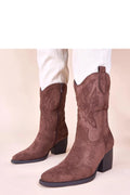 Gemre Cassa bottines marron daim suédé broderie décorative western mi mollet talon bloc 8cm bout pointu arrondi semelle antidérapante confortable
