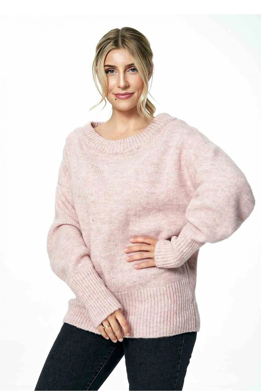 Pull ample pour femme en laine acrylique et polyester, rose pastel, manches longues côtelées, col rond, style classique, doux et confortable