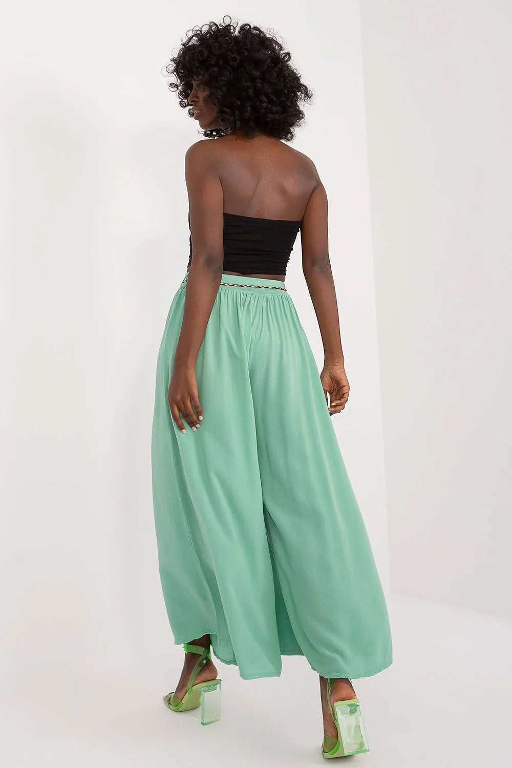 Pantalon femme Och Bella large taille haute ceinture élastique viscose vert menthe style bohème