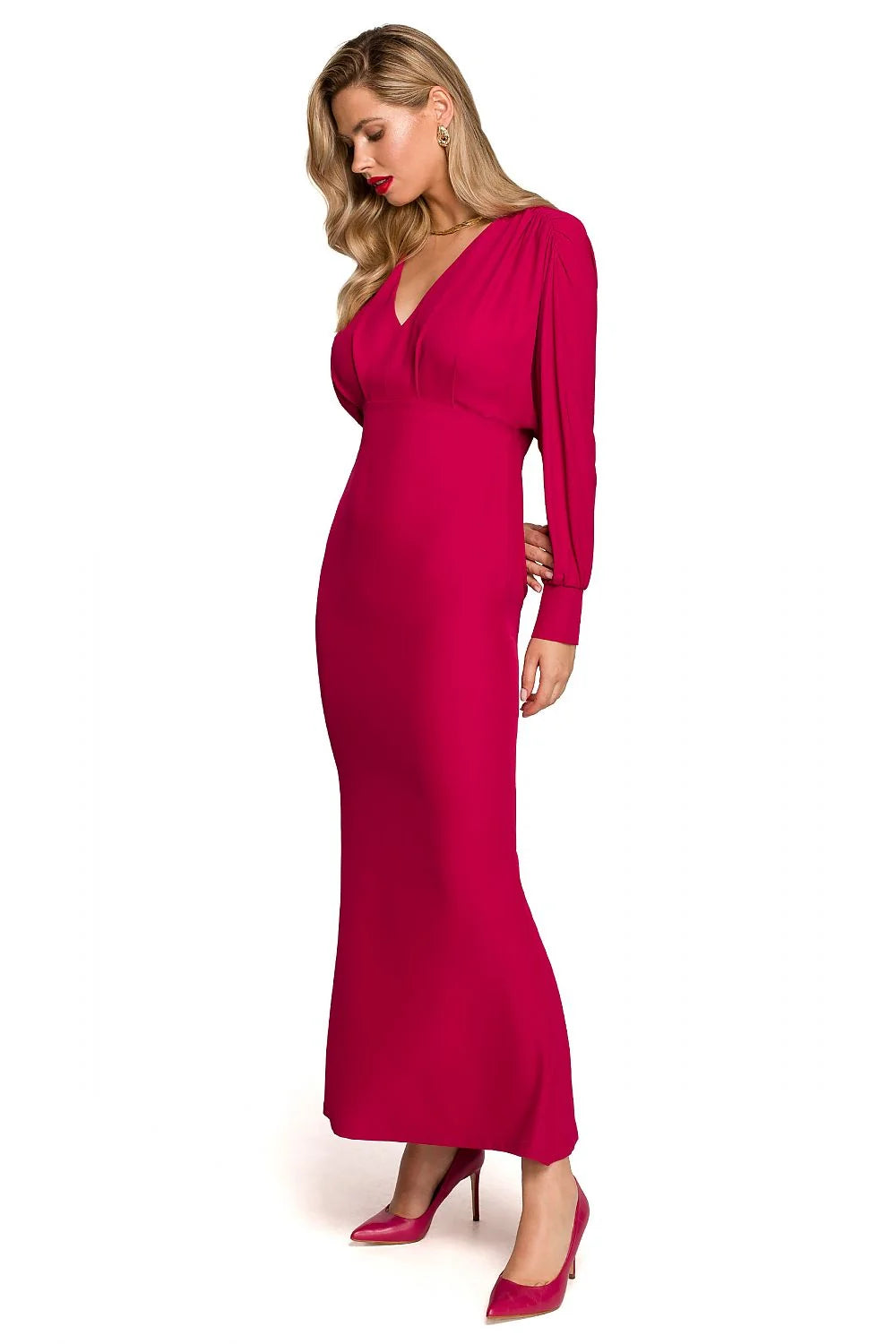 Robe de cocktail élégante longue manches volumineuses décolleté en V fuchsia sans motifs polyester elasthanne