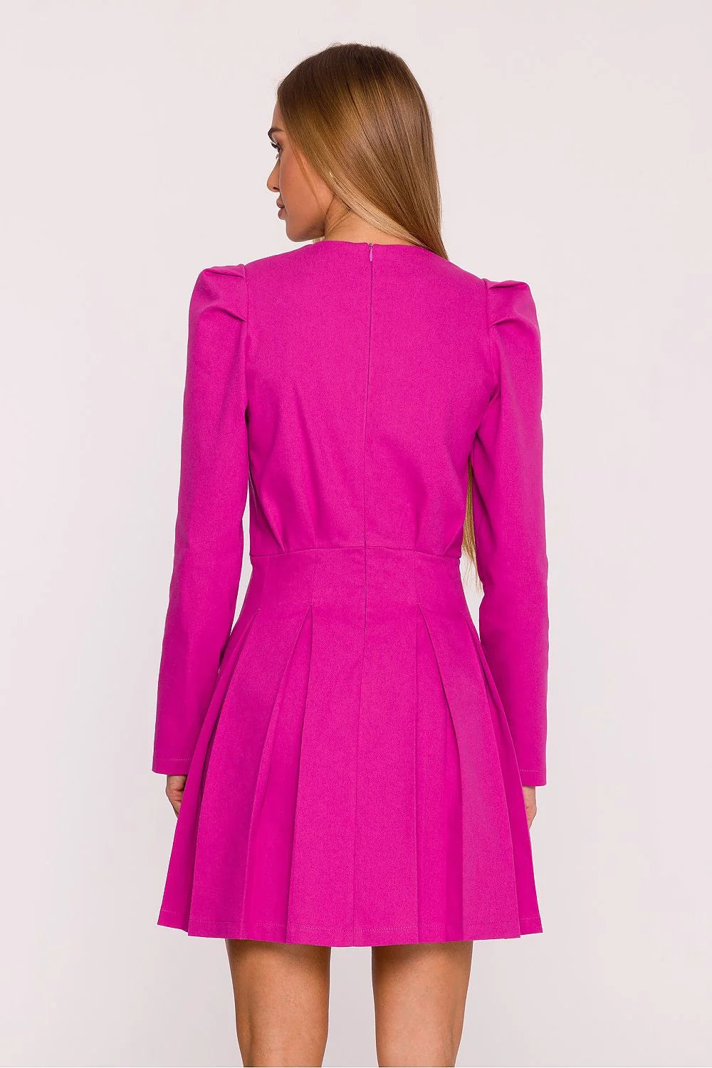 robe fuchsia courte imitation denim structurée mat rigide manches longues fronces épaules haut ajusté jupe évasée plis creux taille cintrée