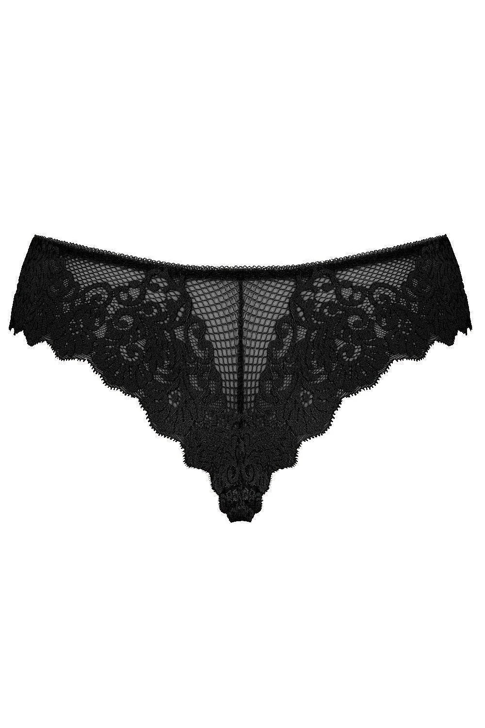 Culotte en dentelle noire élégante pour femme, style sensuel, coupe brésilienne, tissu transparent, finitions festonnées, taille basse, dentelle florale, lingerie sexy