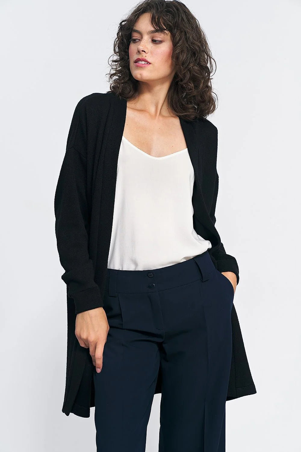Cardigan noir ouvert en maille douce pour femme, style polyvalent, coupe ample, élasthanne et polyester