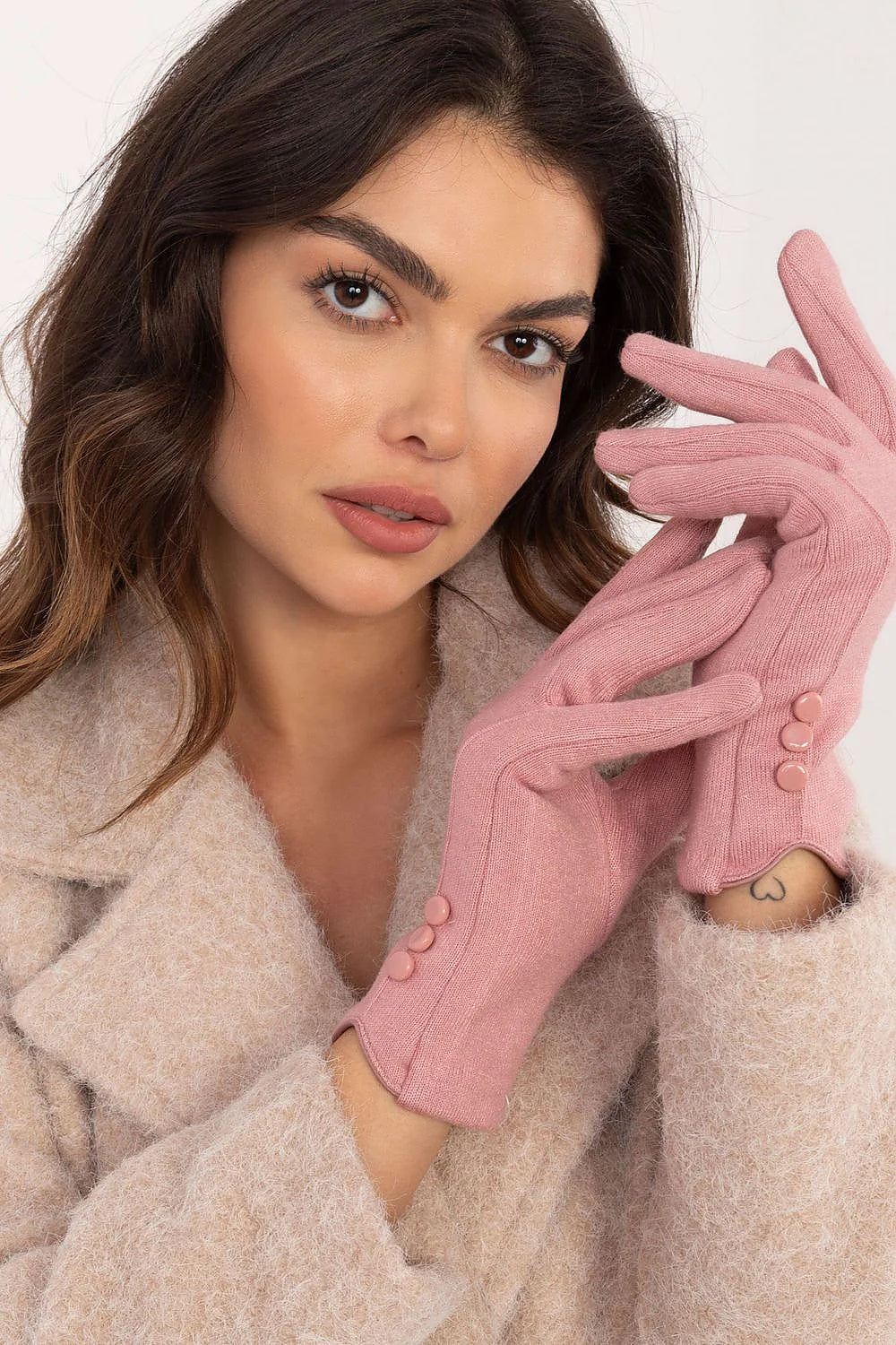 Gants élégants pour femmes en laine mélangée boutons poignets doux rose classique hiver mode