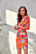 Robe de jour féminine ajustée imprimé floral vibrant manches longues encolure en V polyester elasthanne femme mode occasion estivale